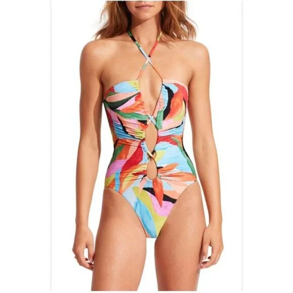 Anthropologie Seafolly One Piece Swimsuit 8  Lace Up Bandeau Tropfest - Picture 10 of 10